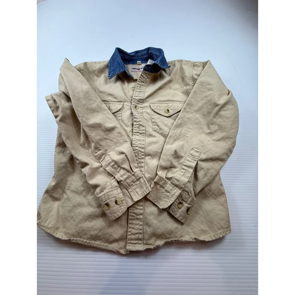 Cowboy Code Boys Tan Cotton Canvas Western Shirt Denim Collar Size L 10-12